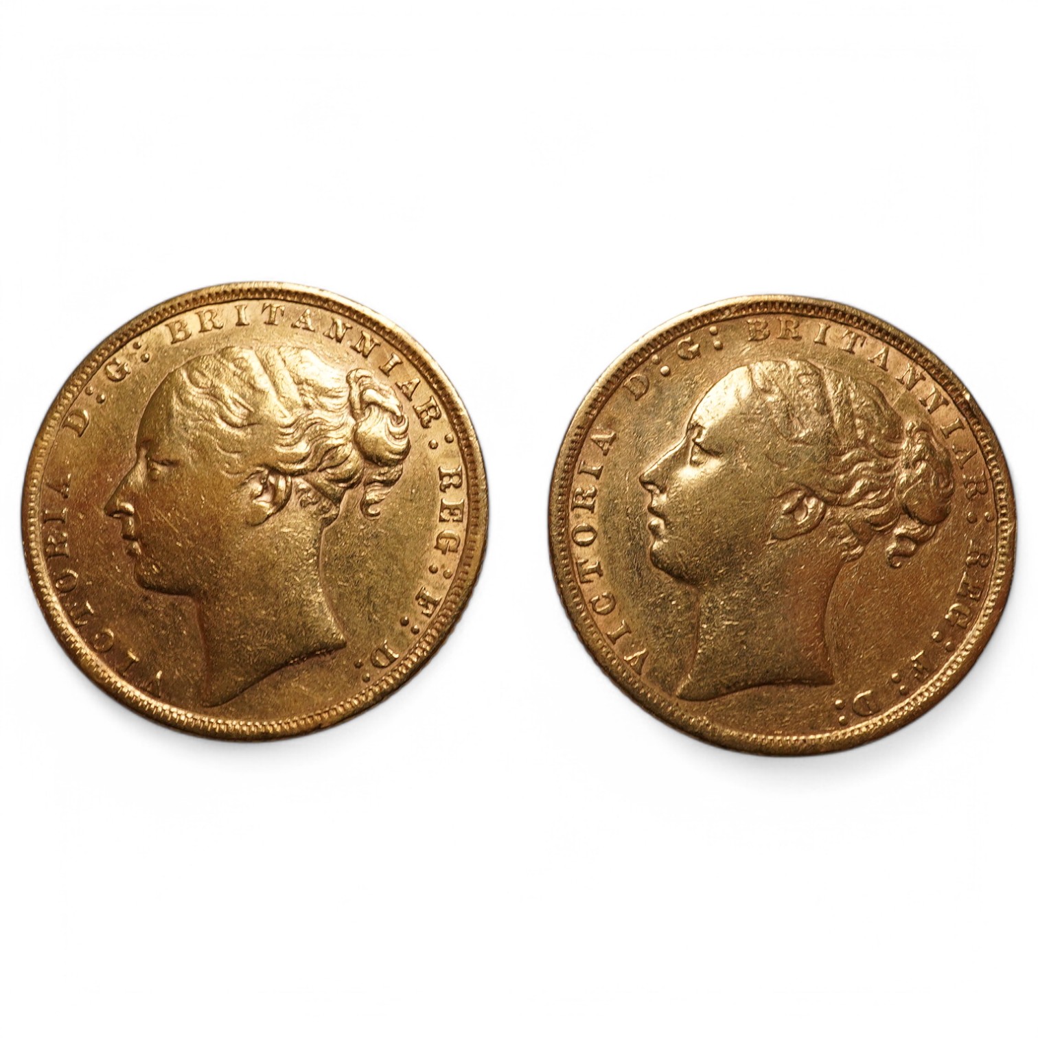 British gold coins, Victoria, two gold sovereigns, 1872, VF and 1871, F (both demounted)